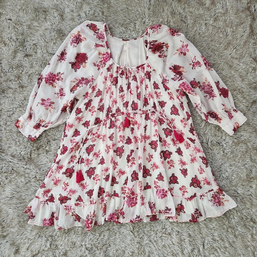 Free People Camella Mini Dress‎ White And Pink Floral Print Women's Size Large